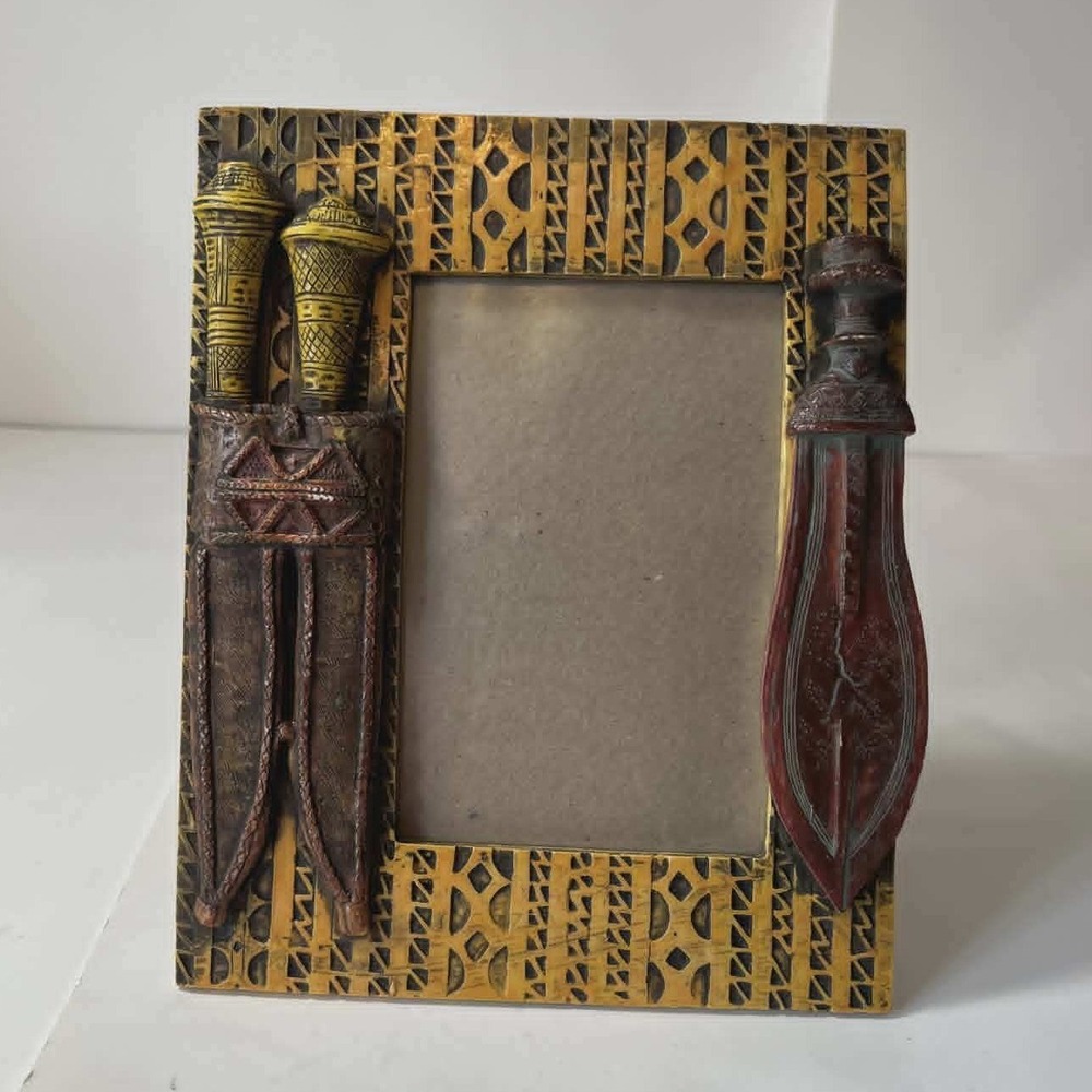 African Tribal Dagger Picture Frame 4x6 Hand Painted Resin 3D Relief Decor
